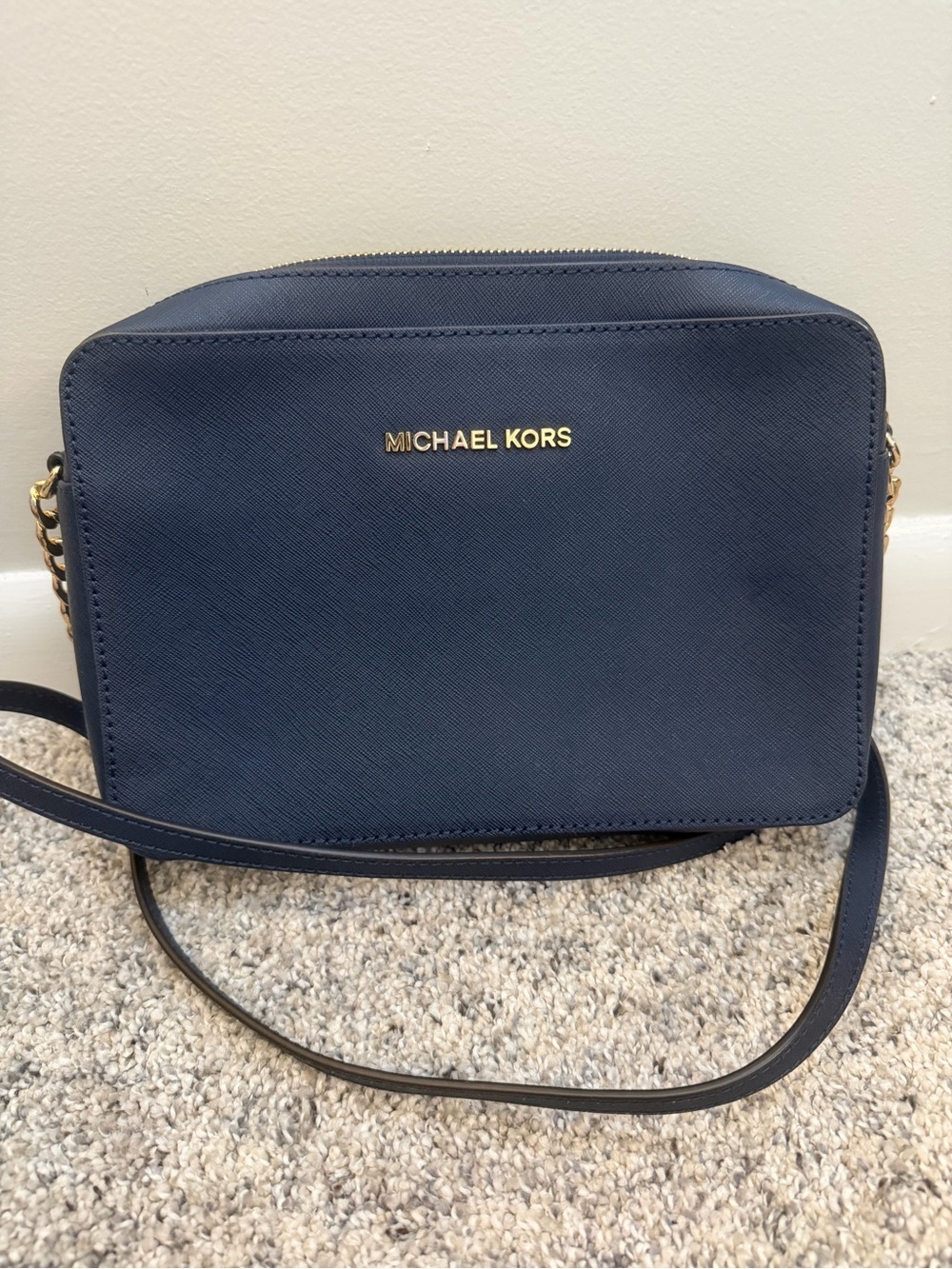 Michael Kors Navy Saffiano Leather Crossbody with Gold Hardware